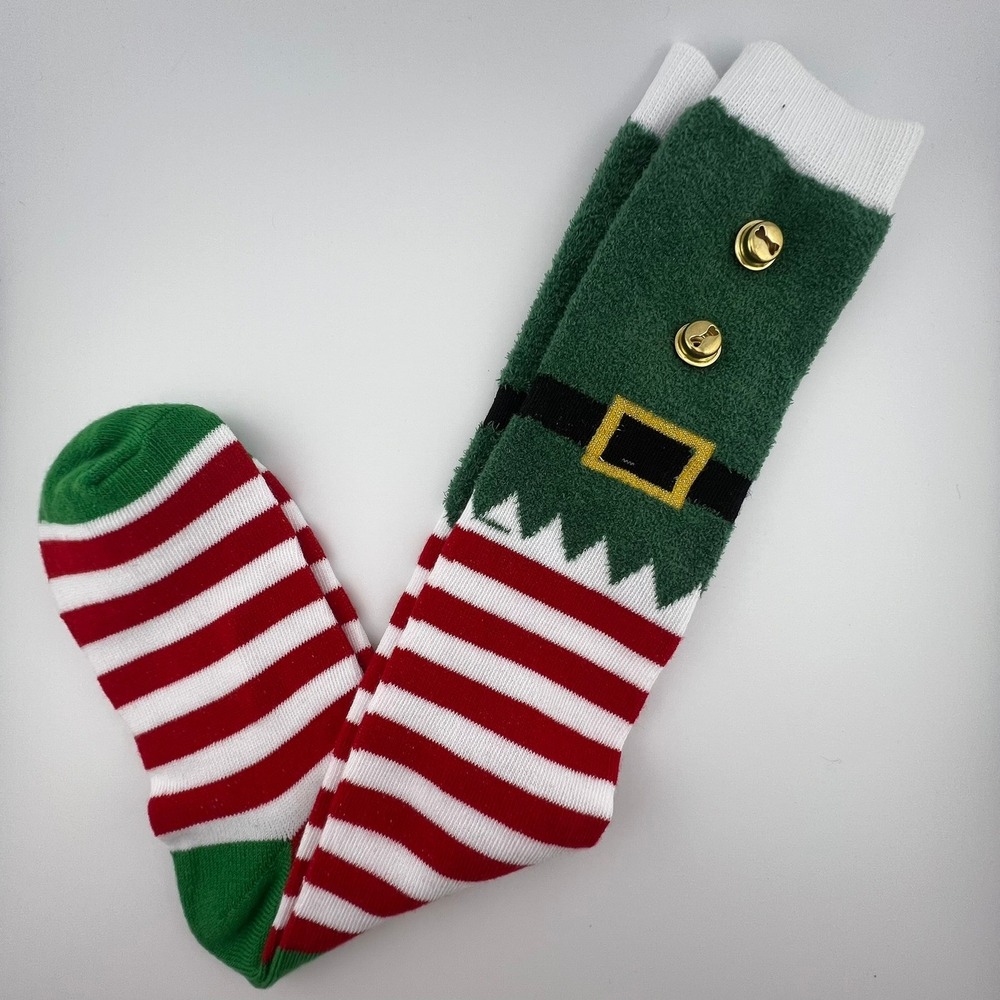 Elf Christmas Fuzzy Socks w/ Jingle Bells Green‎ Red Stripe Holiday Novelty Cozy